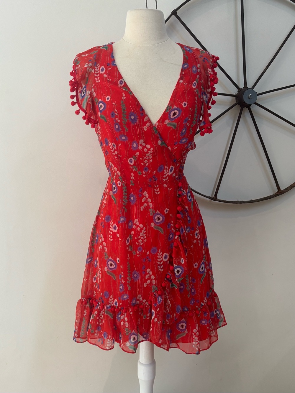 Allison New York red floral Pom Pom wrap sundress XS $245